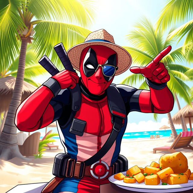 A vibrant and playful depiction of a character inspired by Deadpool, infused with elements of Dominican culture