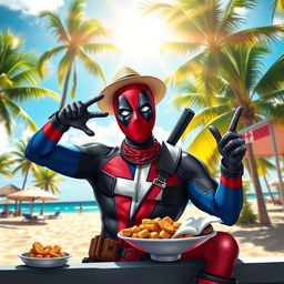 A vibrant and playful depiction of a character inspired by Deadpool, infused with elements of Dominican culture