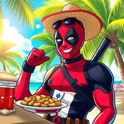A vibrant and playful depiction of a character inspired by Deadpool, infused with elements of Dominican culture