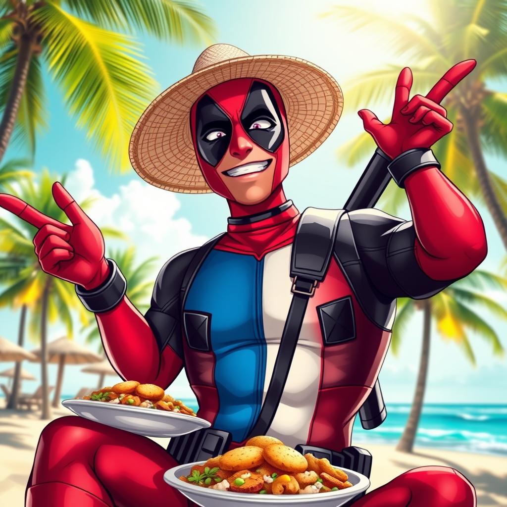 A vibrant and playful depiction of a character inspired by Deadpool, infused with elements of Dominican culture