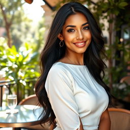 A beautiful Mediterranean woman with long black hair elegantly dressed in a conservative white blouse, showcasing her hourglass figure