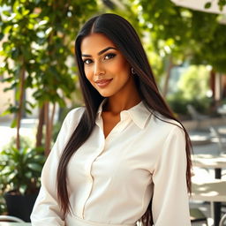 A beautiful Mediterranean woman with long black hair elegantly dressed in a conservative white blouse, showcasing her hourglass figure
