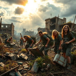 A rugged post-apocalyptic landscape, featuring a group of scavengers actively picking up salvage from the remnants of a devastated city