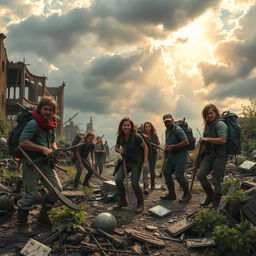 A rugged post-apocalyptic landscape, featuring a group of scavengers actively picking up salvage from the remnants of a devastated city