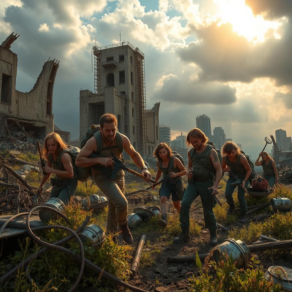A rugged post-apocalyptic landscape, featuring a group of scavengers actively picking up salvage from the remnants of a devastated city
