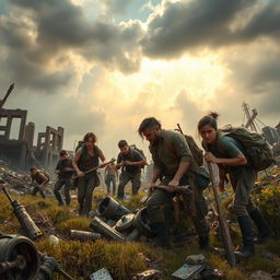 A rugged post-apocalyptic landscape, featuring a group of scavengers actively picking up salvage from the remnants of a devastated city