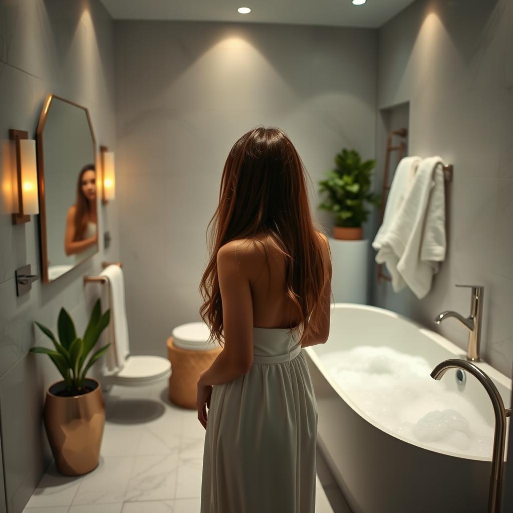 A woman standing in a beautifully designed bathroom, with soft ambient lighting illuminating the elegant tiles and modern fixtures