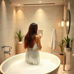 A woman standing in a beautifully designed bathroom, with soft ambient lighting illuminating the elegant tiles and modern fixtures