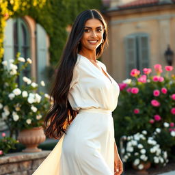 A beautiful Italian woman with long black hair, elegantly dressed in a conservative white blouse paired with a flowing long dress that accentuates her hourglass figure