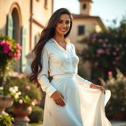 A beautiful Italian woman with long black hair, elegantly dressed in a conservative white blouse paired with a flowing long dress that accentuates her hourglass figure