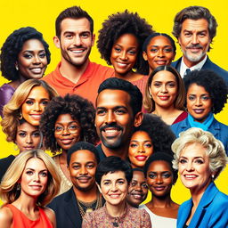 A vibrant and eye-catching picture collage featuring famous personalities representing various genders, including male, female, and non-binary individuals
