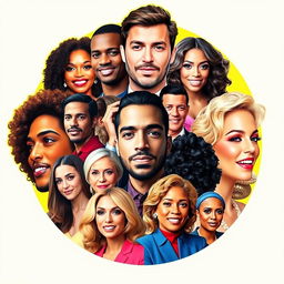 A vibrant and eye-catching picture collage featuring famous personalities representing various genders, including male, female, and non-binary individuals