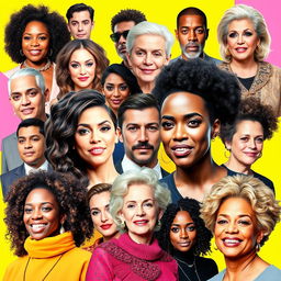 A vibrant and eye-catching picture collage featuring famous personalities representing various genders, including male, female, and non-binary individuals