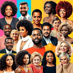 A vibrant and eye-catching picture collage featuring famous personalities representing various genders, including male, female, and non-binary individuals