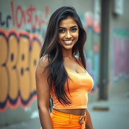 A beautiful young woman with long, flowing dark hair and striking features reminiscent of Karely Ruiz, exuding confidence and style