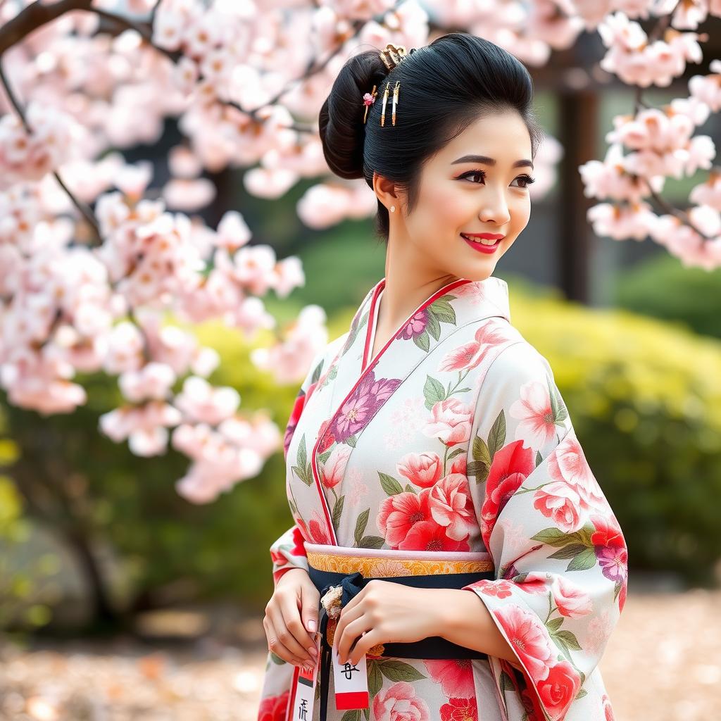 A beautiful Japanese woman wearing a traditional kimono with vibrant patterns, confidently presenting her figure