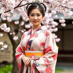 A beautiful Japanese woman wearing a traditional kimono with vibrant patterns, confidently presenting her figure