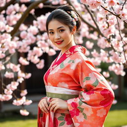 A beautiful Japanese woman wearing a traditional kimono with vibrant patterns, confidently presenting her figure