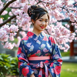 A beautiful Japanese woman wearing a traditional kimono with vibrant patterns, confidently presenting her figure