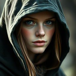 A portrait of a beautiful half-elf woman with soft, delicate features and a sprinkle of freckles on her small nose
