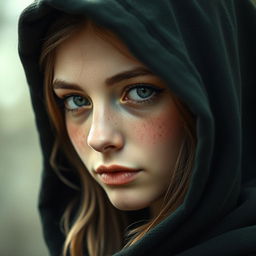 A portrait of a beautiful half-elf woman with soft, delicate features and a sprinkle of freckles on her small nose