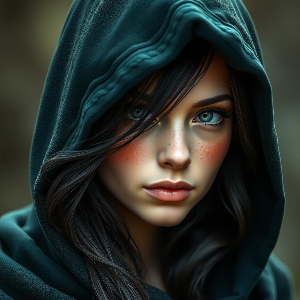 A portrait of a stunning half-elf woman with soft, delicate features, highlighted by a sprinkling of freckles on her small nose