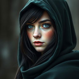 A portrait of a stunning half-elf woman with soft, delicate features, highlighted by a sprinkling of freckles on her small nose