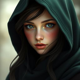 A portrait of a stunning half-elf woman with soft, delicate features, highlighted by a sprinkling of freckles on her small nose