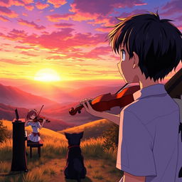 An anime scene depicting a boy with black hair wearing a shirt that says 'Jhan', gazing at a stunning sunset in a picturesque valley