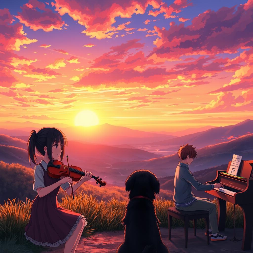 An anime scene depicting a boy with black hair wearing a shirt that says 'Jhan', gazing at a stunning sunset in a picturesque valley