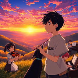 An anime scene depicting a boy with black hair wearing a shirt that says 'Jhan', gazing at a stunning sunset in a picturesque valley