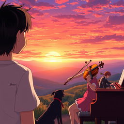 An anime scene depicting a boy with black hair wearing a shirt that says 'Jhan', gazing at a stunning sunset in a picturesque valley