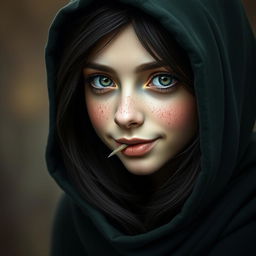 A portrait of an enchanting half-elf woman with soft, delicate features and freckles adorning her small nose