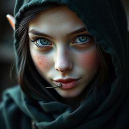 A portrait of an enchanting half-elf woman with soft, delicate features and freckles adorning her small nose