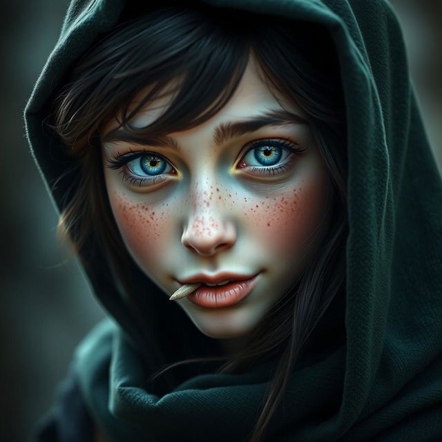 A portrait of an enchanting half-elf woman with soft, delicate features and freckles adorning her small nose