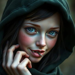 A portrait of an enchanting half-elf woman with soft, delicate features and freckles adorning her small nose