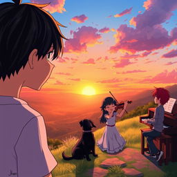 An anime scene featuring a boy with black hair wearing a shirt that says 'Jhan', gazing at a beautiful sunset in a picturesque valley