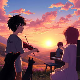 An anime scene featuring a boy with black hair wearing a shirt that says 'Jhan', gazing at a beautiful sunset in a picturesque valley