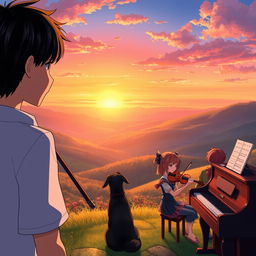 An anime scene featuring a boy with black hair wearing a shirt that says 'Jhan', gazing at a beautiful sunset in a picturesque valley