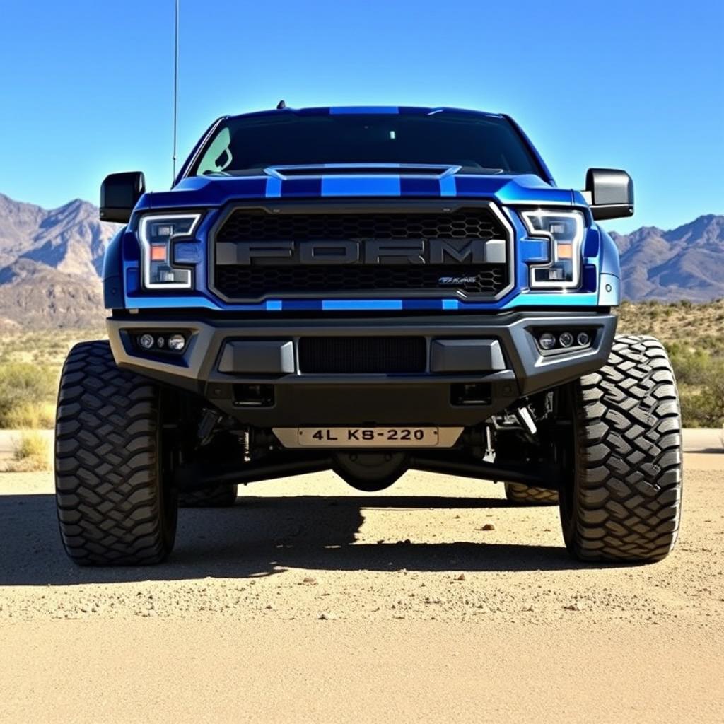 A frontal view of a modified pickup truck, showcasing an aggressive stance with wide tires and custom rims