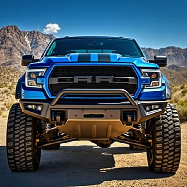 A frontal view of a modified pickup truck, showcasing an aggressive stance with wide tires and custom rims