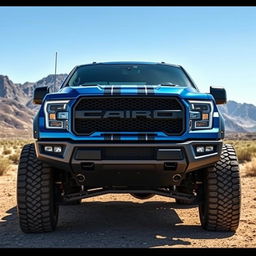 A frontal view of a modified pickup truck, showcasing an aggressive stance with wide tires and custom rims