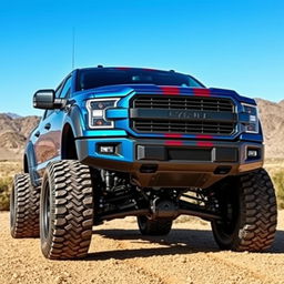 A frontal view of a modified pickup truck, showcasing an aggressive stance with wide tires and custom rims