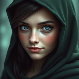 A captivating portrait of a half-elf woman with soft, delicate features and charming freckles on her small nose