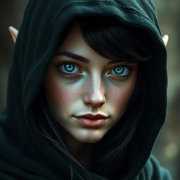 A captivating portrait of a half-elf woman with soft, delicate features and charming freckles on her small nose