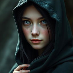 A captivating portrait of a half-elf woman with soft, delicate features and charming freckles on her small nose
