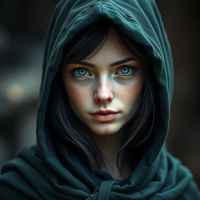 A captivating portrait of a half-elf woman with soft, delicate features and charming freckles on her small nose