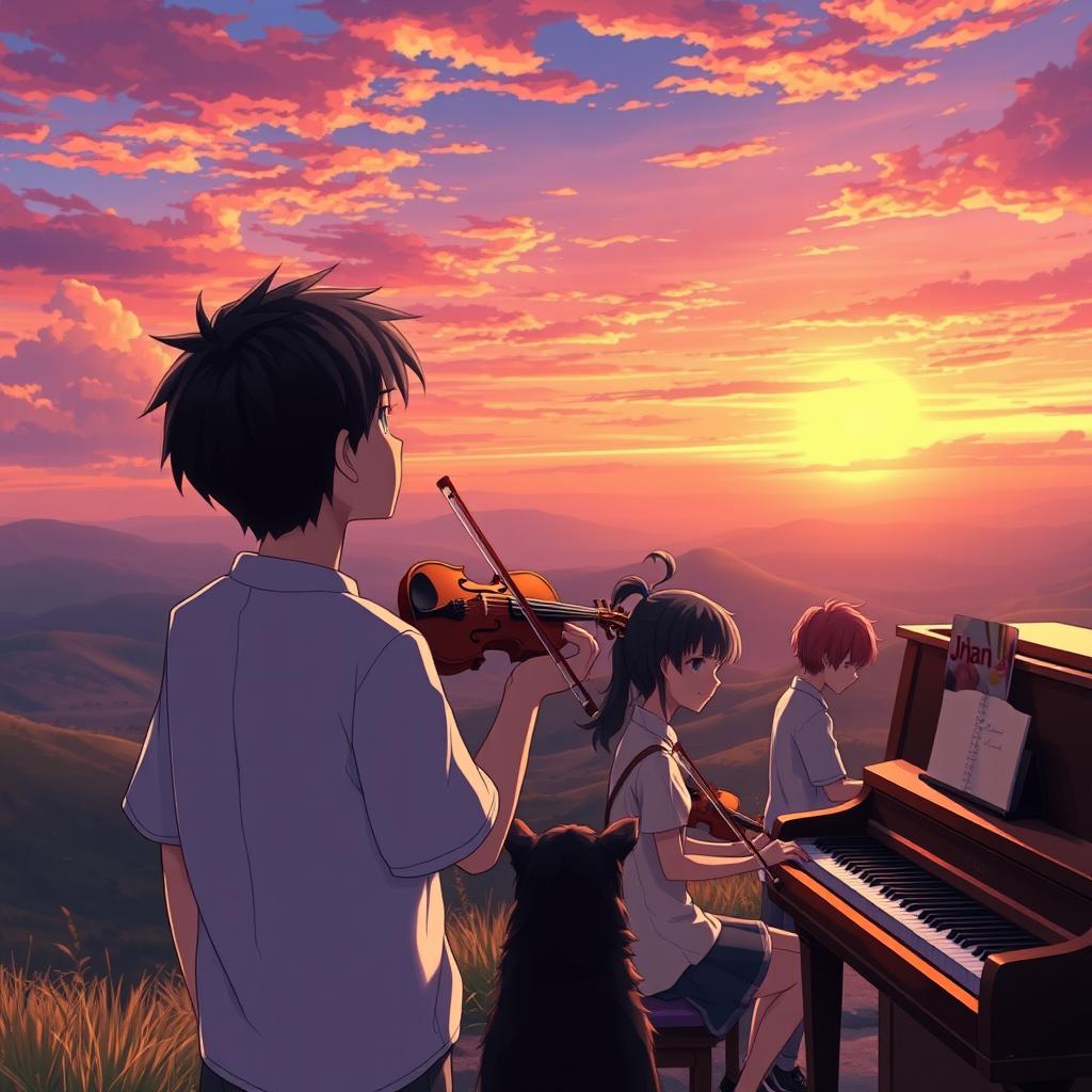 An anime scene featuring a boy with black hair wearing a shirt that says 'Jhan', gazing at a mesmerizing sunset in a beautiful valley