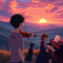 An anime scene featuring a boy with black hair wearing a shirt that says 'Jhan', gazing at a mesmerizing sunset in a beautiful valley