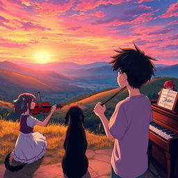 An anime scene featuring a boy with black hair wearing a shirt that says 'Jhan', gazing at a mesmerizing sunset in a beautiful valley